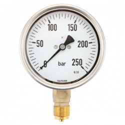 MANOMETRE RACCORD VERT. Ø 100 MM - 0-250 BARS - INOX 1/2'' BSP - GLYCERINE