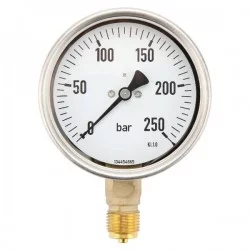 MANOMETRE RACCORD VERT. Ø 100 MM - 0-250 BARS - INOX 1/2'' BSP - GLYCERINE 