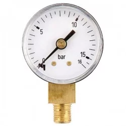 MANOMETRE RACCORD VERT. Ø 40 MM - 0-16 BARS - ACIER 1/8'' BSP 