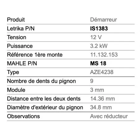 DEMARREUR AVEC REDUCTEUR 12V - 3,2 KW- MALHE - IS1383 - MS18 DEMARREUR AVEC REDUCTEUR 12V - 3,2 KW- MALHE - IS1383 - MS18